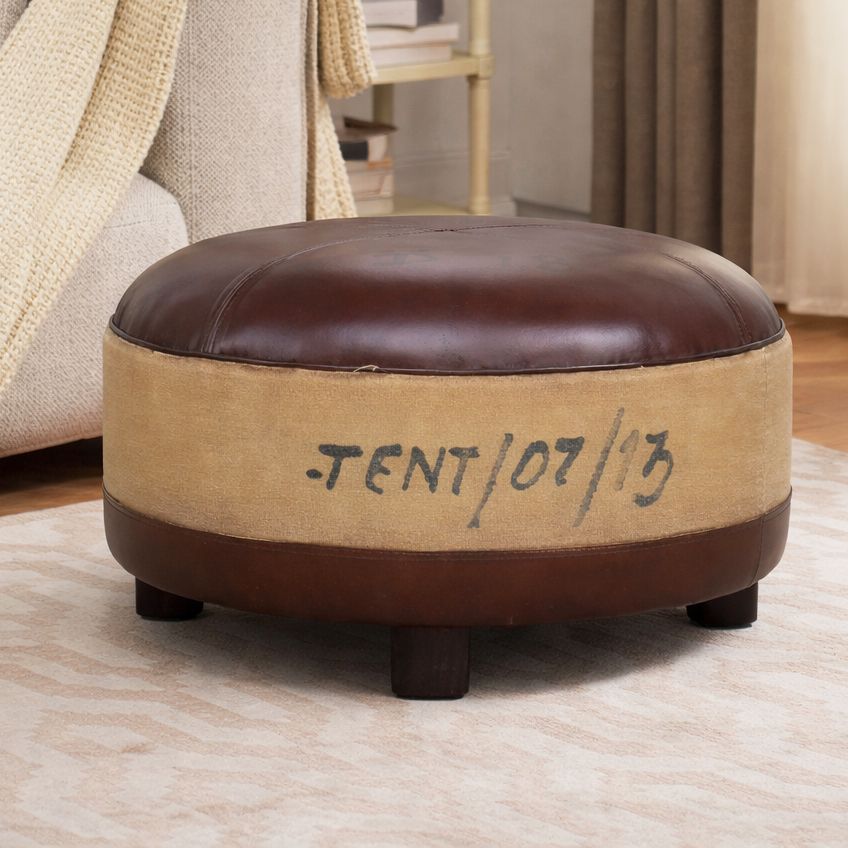 Whitby Vintage Canvas Leather Round Ottoman 60cm