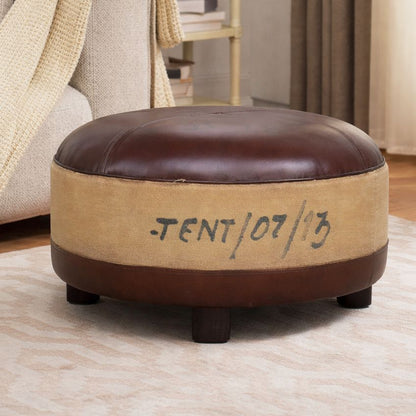 Whitby Vintage Canvas Leather Round Ottoman 60cm