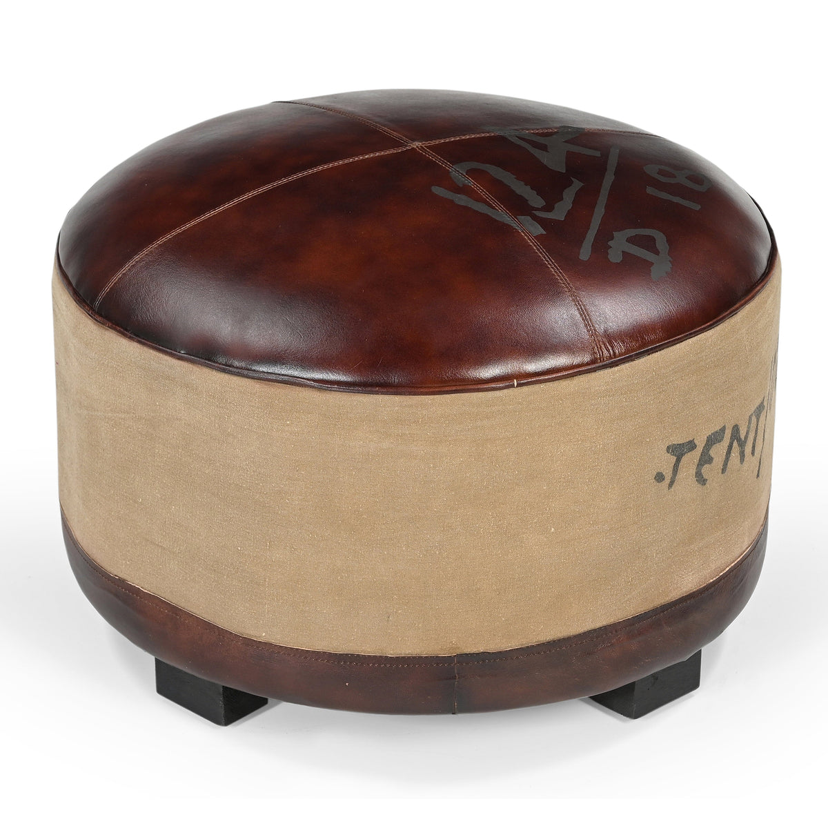 Whitby Vintage Canvas Leather Round Ottoman 60cm