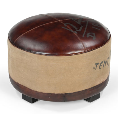 Whitby Vintage Canvas Leather Round Ottoman 60cm