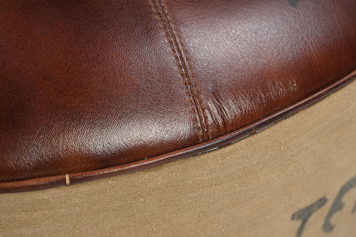 Whitby Vintage Canvas Leather Round Ottoman 60cm