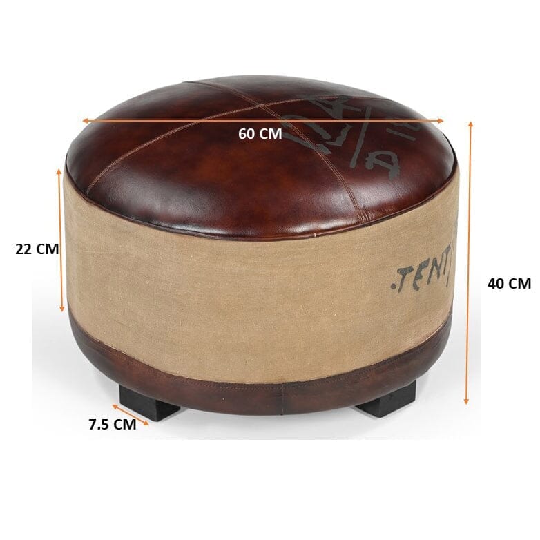 Whitby Vintage Canvas Leather Round Ottoman 60cm