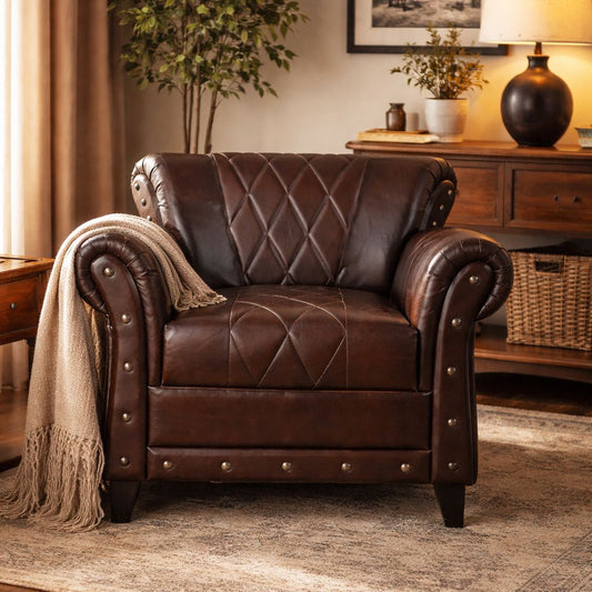 Winston Studded Chocolate Leather Armchair 85cm