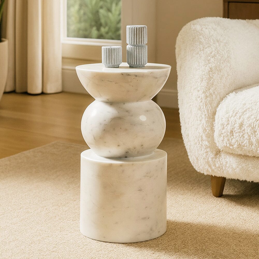 Ysolde White Solid Marble Drum Side Table 45cm