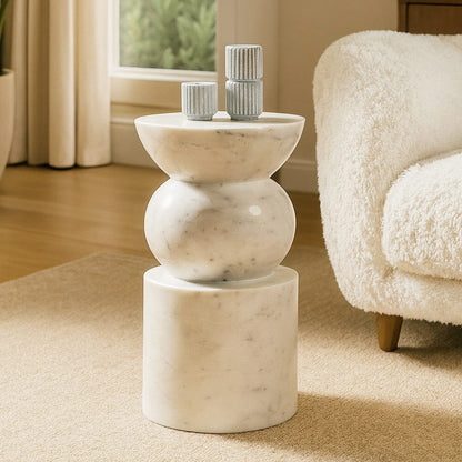 Ysolde White Solid Marble Drum Side Table 45cm