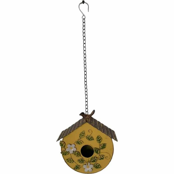 Hanging Yellow Distressed Birdhouse On Chain 59cm