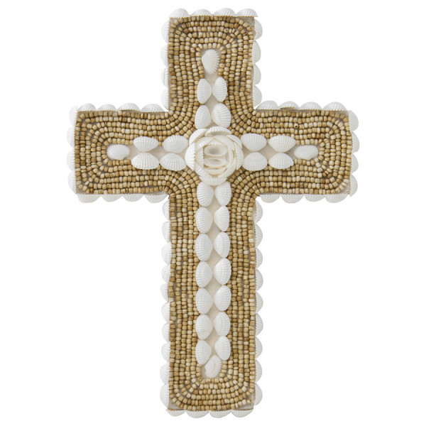 Handcrafted Shell & Narrow Weave Border Wall Hanging Cross 30x3cm
