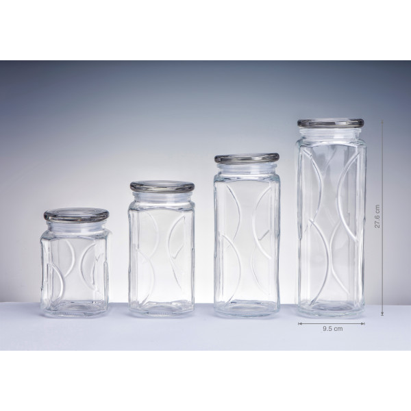 bulk 12 Swirl Embossed Squ Glass Jar w Glass Lid 27cm