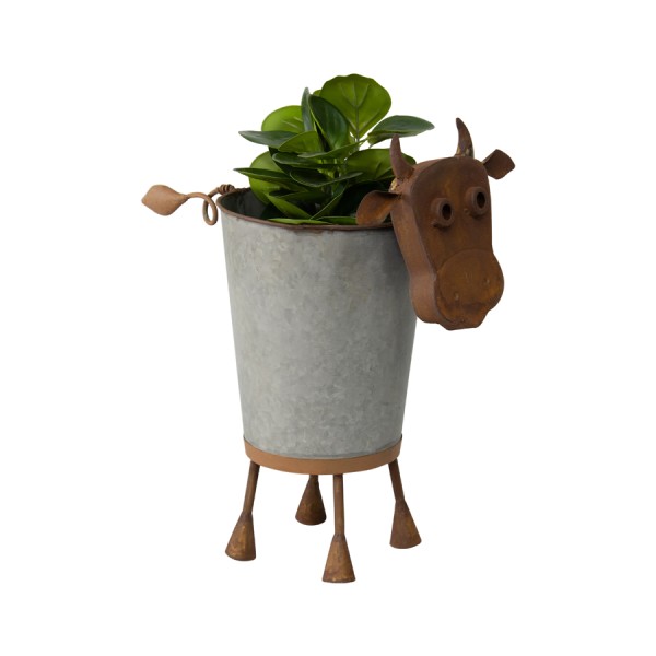 Rusty Cow Planter W Galv Pot 32x37cm