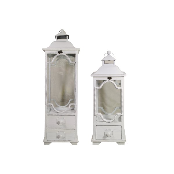 Set 2 Tall White Wooden Lantern w/ Drawers 104cm