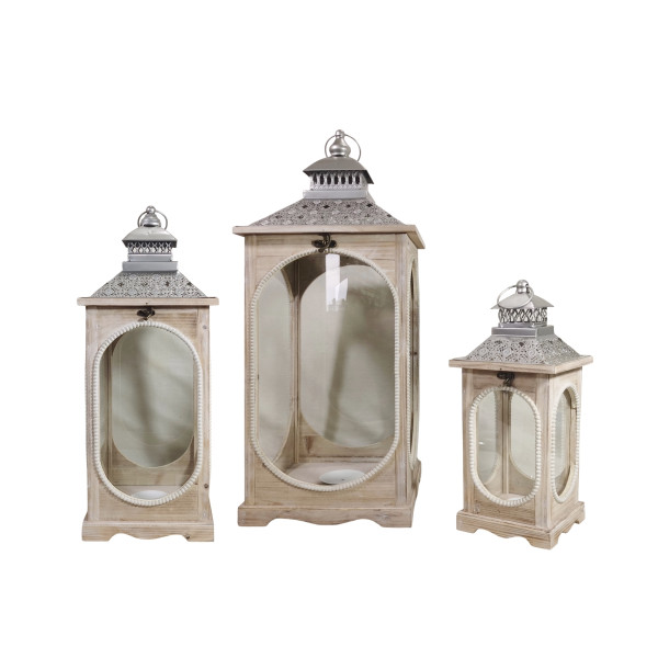 Set 3 Natural Wooden Lantern w Oval Shape 76cm