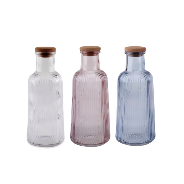 bulk 12 Ribbed Glass Bottle With Cork Lid 1lt 3 Assorted 8x28cm