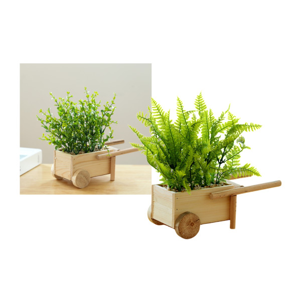 Set 2 Artificial Greenery in Timber Cart 17x23cm