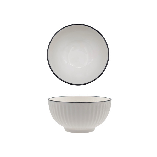 bulk 24 Sorrento Porcelain Embossed Rice Bowl w Black Rim 4.5" 11cm