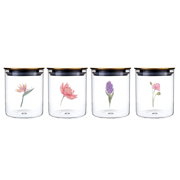 bulk 24 Botanical Flower Glass Jar w Metal Lid 4 Assort 15cm