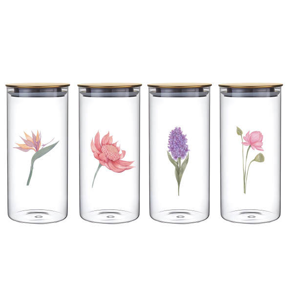bulk 12 Botanical Flower Glass Jar w Metal Lid 4 Assort 25cm
