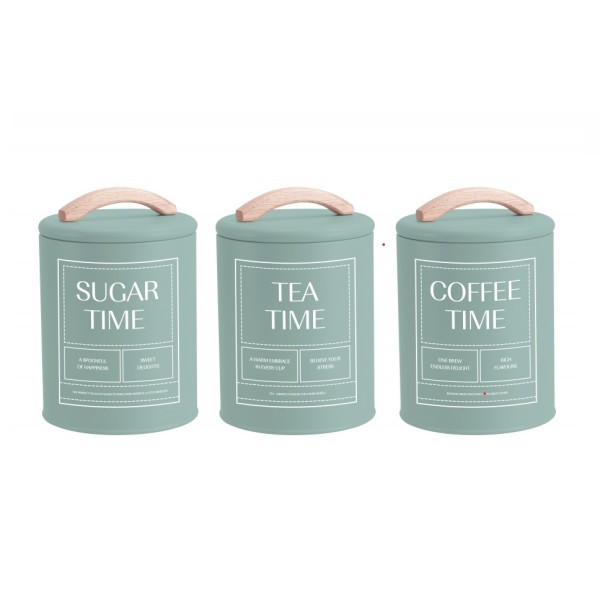 Set 3 Sage Green Metal Coffee Tea Sugar Storage Tins 11x15cm