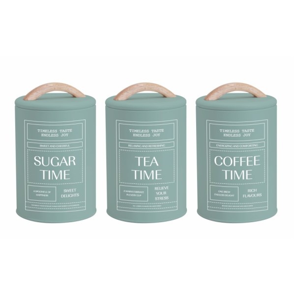 Set 3 Sage Green Metal Coffee Tea Sugar Storage Tins 11x19cm