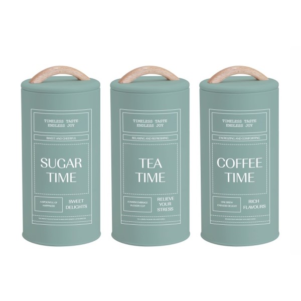 Set 3 Sage Green Metal Coffee Tea Sugar Storage Tins 11x24cm