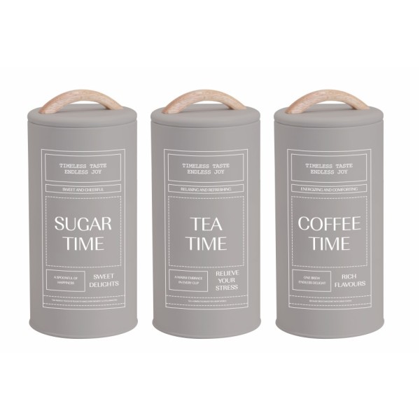 Set 3 Almond Cream Metal Coffee Tea Sugar Storage Tins 11x19cm