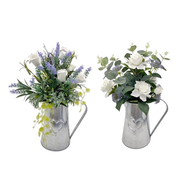 Set 2 Artificial Bouquet in Galvanized Watering Can 40cm