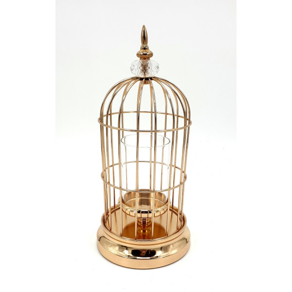 Bird Cage W Diamond Top And Glass Candle Holder 17x36cm