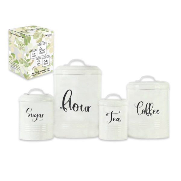 Set 4 Metal Kitchen Tin Sugar Flower Tea Coffee Food Container 25cm
