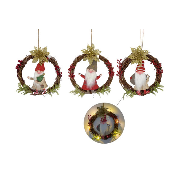 bulk 12 Xmas Hanging Santa Wreath W Led Light Assort 18cm