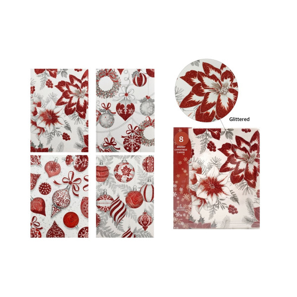 bulk 384 Red Glitter Bauble Xmas Christmas Cards 4 Assort
