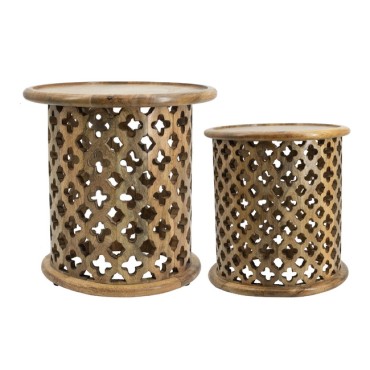Set 2 Natural Burn Finish Jali Side Tables 50cm