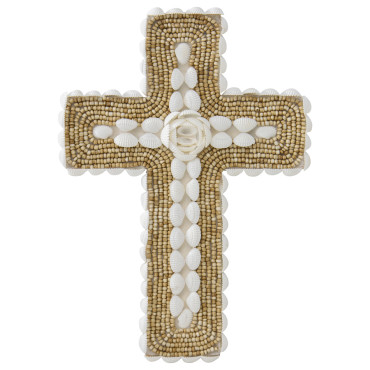 Handcrafted Shell & Narrow Weave Border Wall Hanging Cross 30x3cm