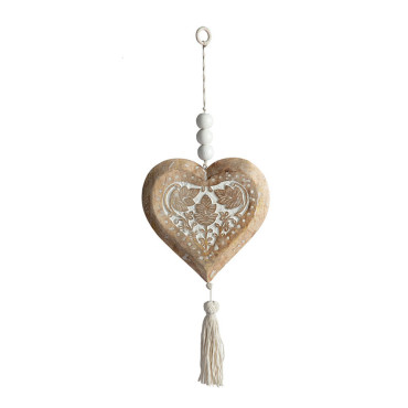 Mango Wood Heart w Beads & Tassle 73cm