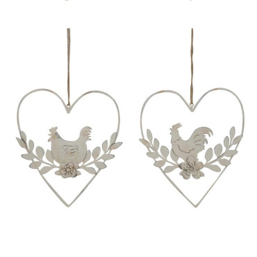 Set 2 Hanging Hearts w Rooster & Chook 17cm