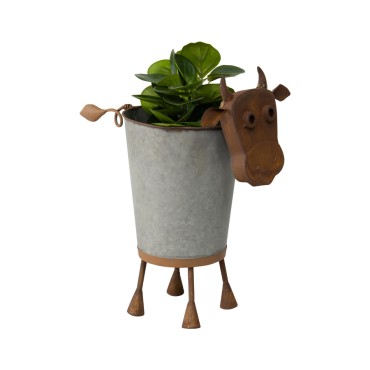 Rusty Cow Planter W Galv Pot 32x37cm