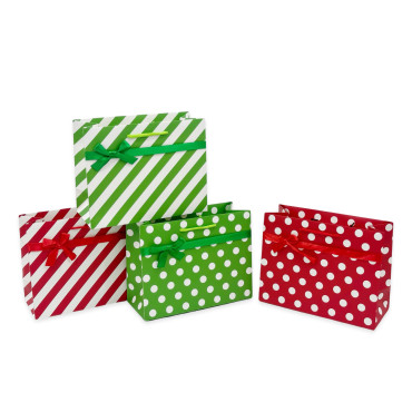 bulk 48 Bottle Gift Bag Red & Green Dots Stripes Assort 36cm