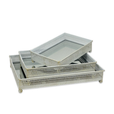 Set 3 White Wash Moroccan Mirror Tray 34x6cm