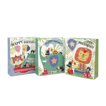 bulk 24 Xlarge Happy Jungle Birthday Gift Bag 3 Assorted 31x42cm