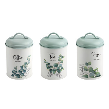 Set 3 Eucalyptus Metal Coffee Tea Sugar Storage Tins 11x18cm