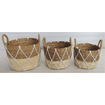 Set 3 Round Rattan W Macrame Basket 33x25cm