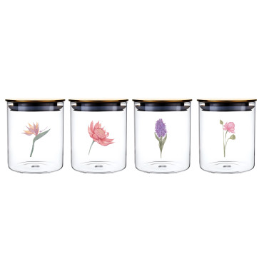 bulk 24 Botanical Flower Glass Jar w Metal Lid 4 Assort 15cm