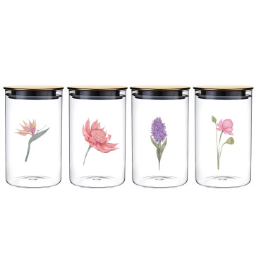 bulk 12 Botanical Flower Glass Jar w Metal Lid 4 Assort 20cm