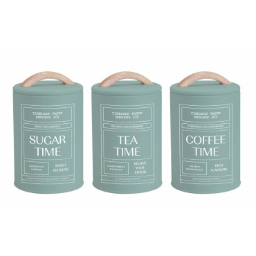 Set 3 Sage Green Metal Coffee Tea Sugar Storage Tins 11x19cm