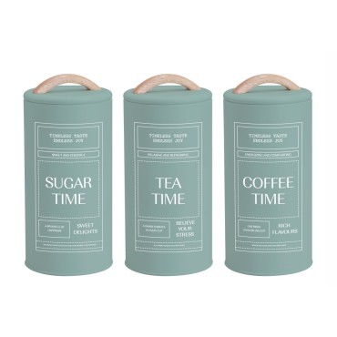 Set 3 Sage Green Metal Coffee Tea Sugar Storage Tins 11x24cm