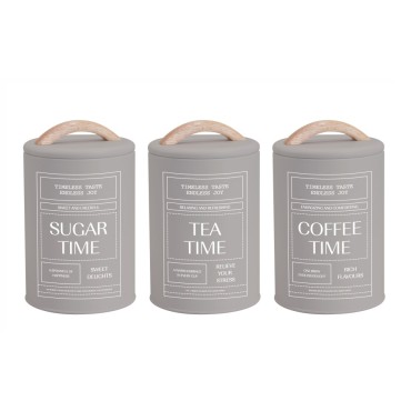 Set 3 Almond Cream Metal Coffee Tea Sugar Storage Tins 11x19cm