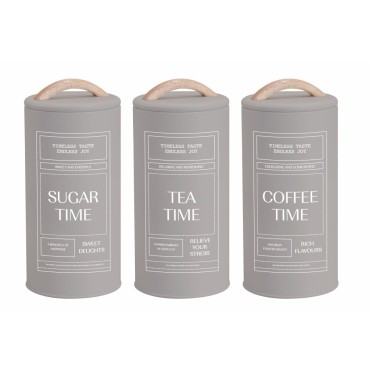 Set 3 Almond Cream Metal Coffee Tea Sugar Storage Tins 11x19cm
