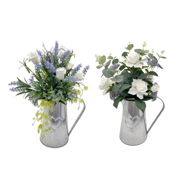 Set 2 Artificial Bouquet in Galvanized Watering Can 40cm