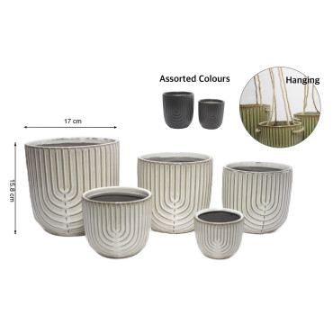 bulk 6 Ripple Ceramic Planter w Hanging Rope Assort 17cm