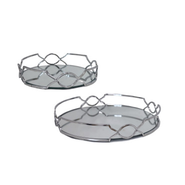 Set 2 Round Silver Mirror Tray 30cm