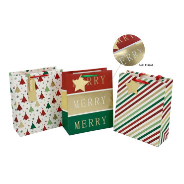 bulk 48 Small Merry Deluxe Foiled Xmas Gift Bag Sml Assort Present 14cm